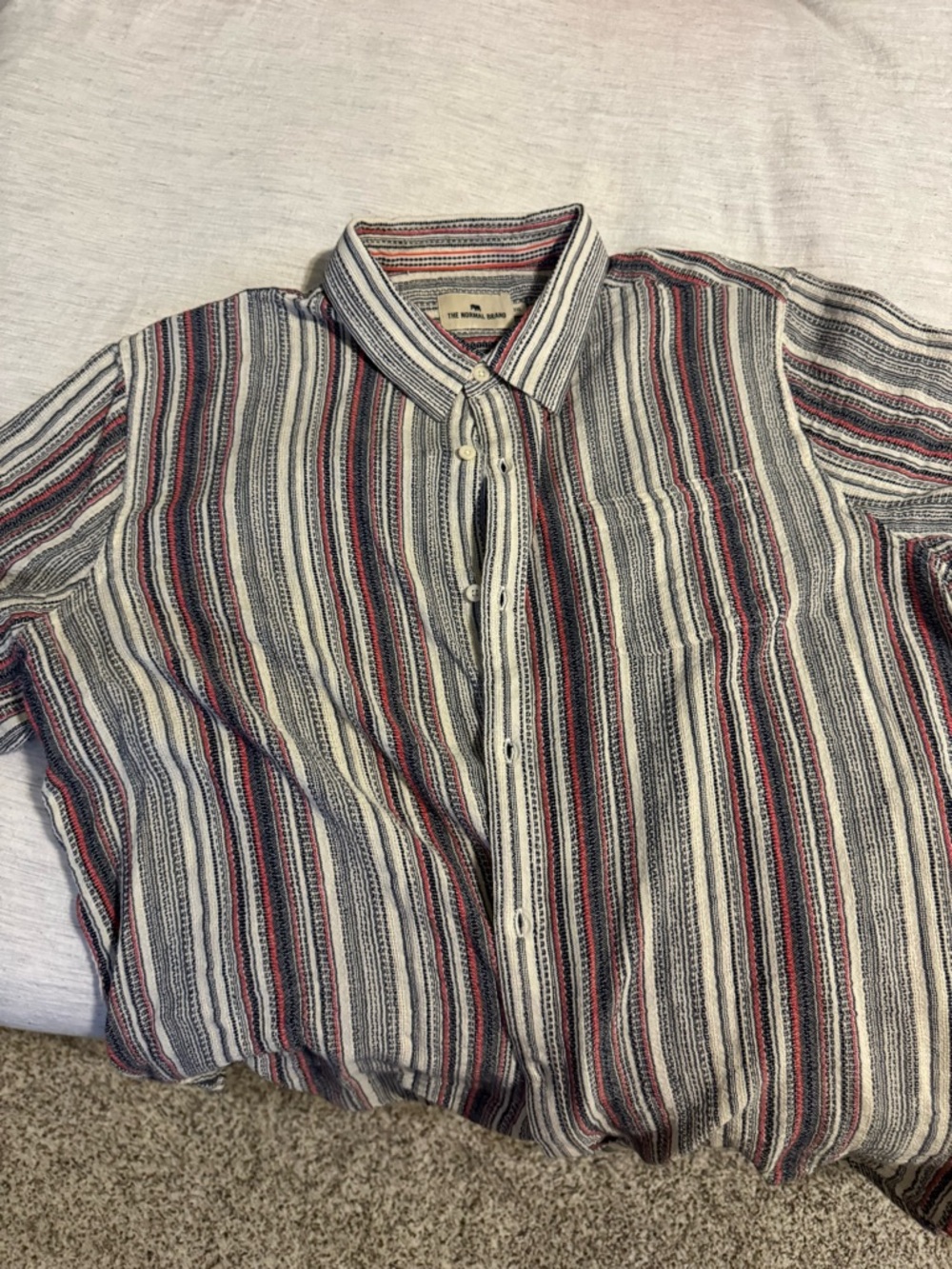 The Normal Brand Striped Casual Button-Down in Cream, Navy & Red